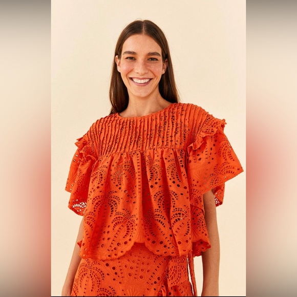 NWT FARM Rio Palm Tree Richelieu Blouse in Deep Orange - Size Medium - Picture 1 of 6